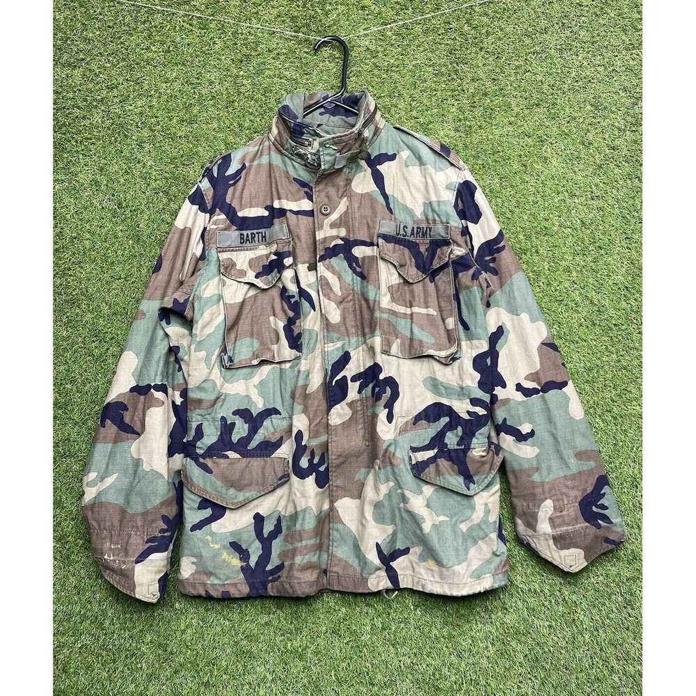US Army Jacket Mens Medium Long M65 Woodland Camo Field Coat Cold Weather Liner